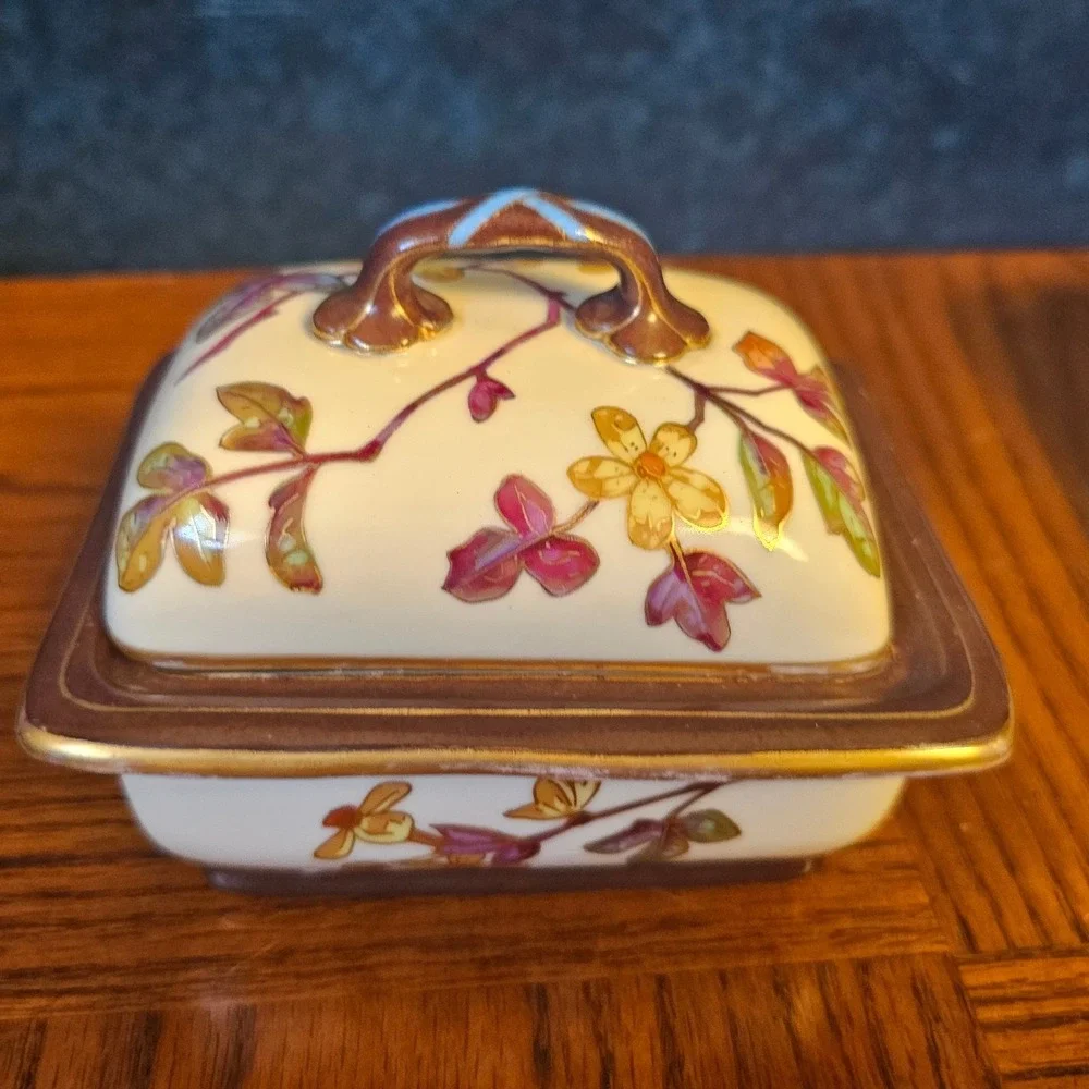 Floral Ceramic Vanity Set Trinket Box and Soap Dish Gold Trim Botanical Decor